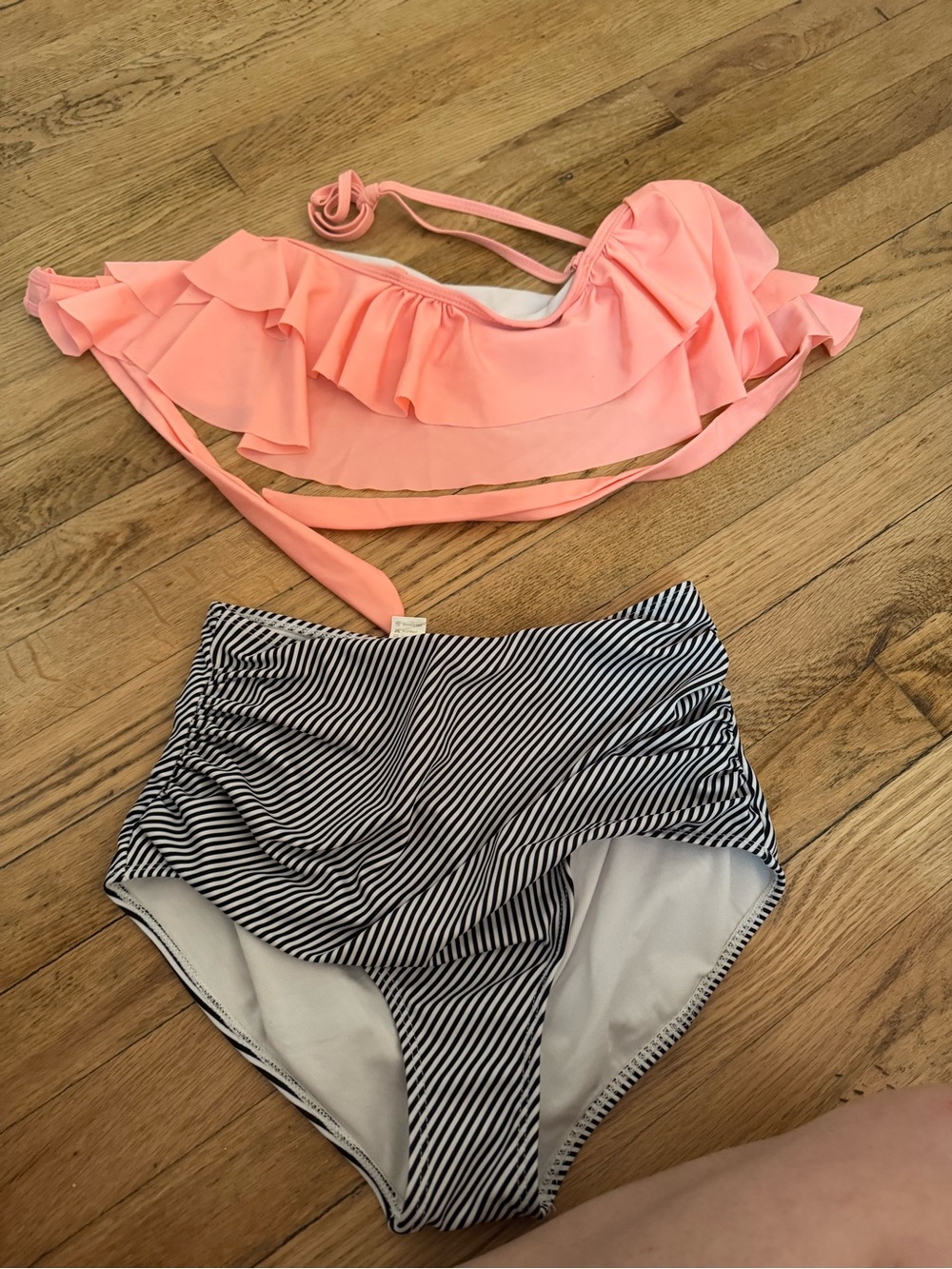 Women’s Peach Ruffle Bikini Top with Navy Stripe High-Waist Bottoms